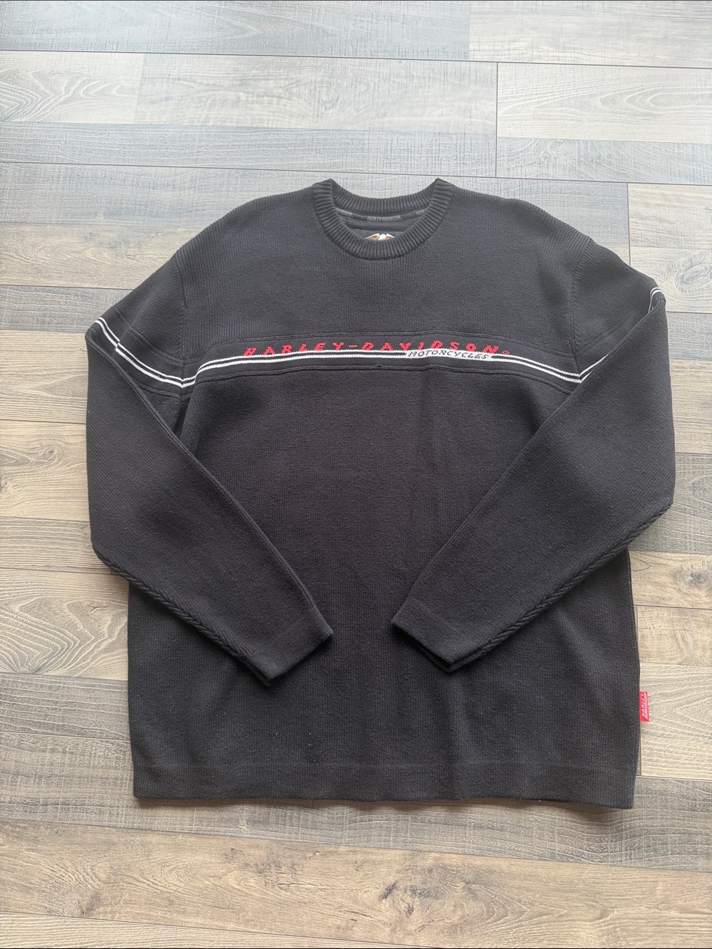 Harley‑Davidson Black Crewneck Sweater with Red and White Trim